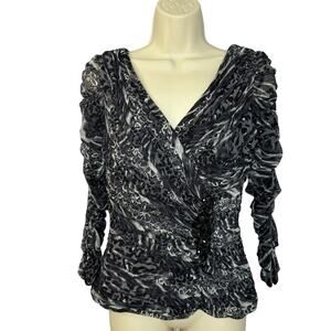 Tadashi Shoji Leopard Print Pleated Ruched Embellished Elegant Blouse Women's S
